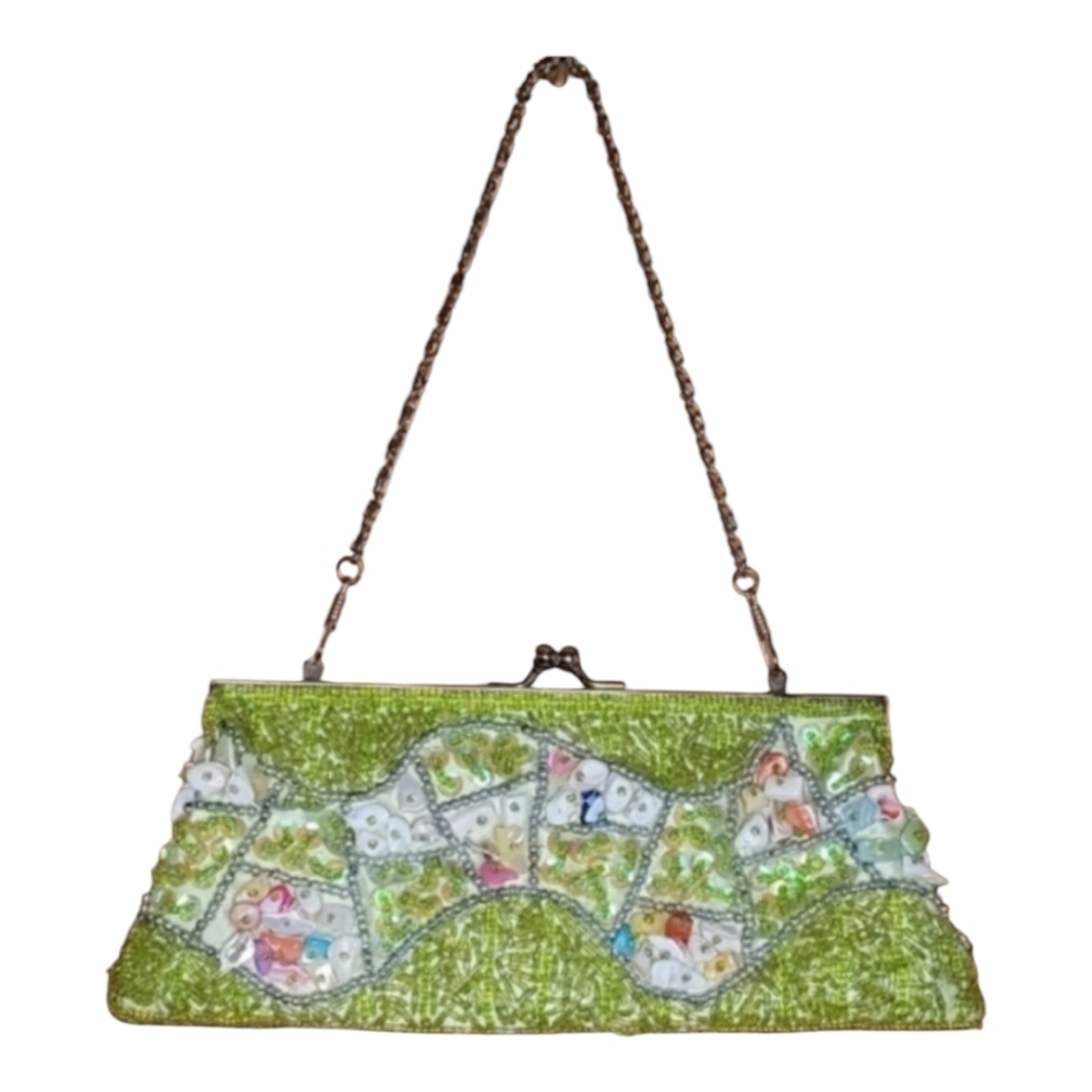 Vintage Beaded Kiss Lock Clutch Bag Green Cottagecore Garden Party Crossbody - Picture 5 of 11